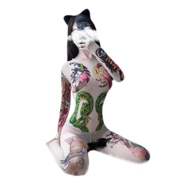 85WB Sieviešu Erotiska garām Piedurknēm Daļēji Milzīgais Bodystockings Sexy Pilna Tetovējums Segumu Bodysuit Catsuit Atvērt Kājstarpes Zeķubikses Apakšveļa